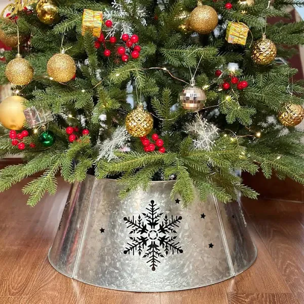 15.5" Galvanized Christmas Tree Collar, Snowflake Diecut Metal Christmas Tree Collars for Artificial Trees, Beautiful Tree Collar for Pencil Tree Decorates Your Home for The Holidays