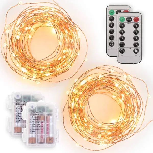 Tenergy 2 Pack Battery Operated LED String Lights, Includes 6 AA Batteries, 16.5ft Light String 50 Dimmable LEDs, Remote Control, Outdoor Ready for Christmas Decorations, Wedding Decor, UL Certified