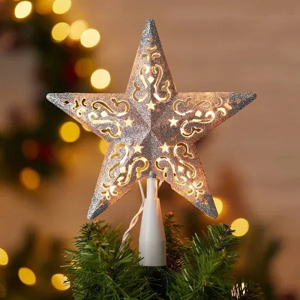 8" Silver Glittered Hollow Christmas Star Tree Topper with Built-in 10-Bulb String Lights and 2 Fuses for Holiday Decor