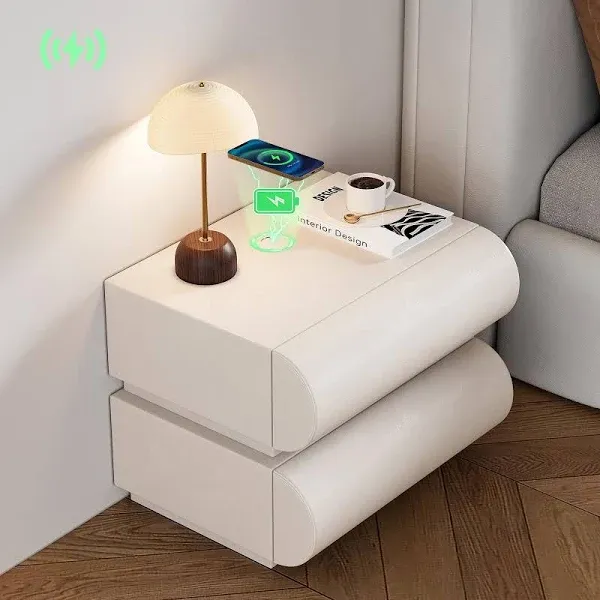 Homary Modern Leather Smart Nightstand with Wireless Charger 2 Drawers Bedside Table with USB & Type-C Ports