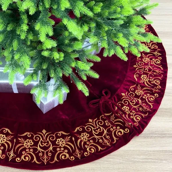 60-Inch Victorian Velvet Christmas Tree Skirt with Gold Damask Embroidery and Pl