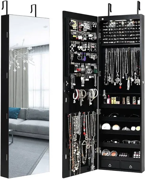 Costway Mirrored Jewelry Cabinet Jewelry Organizer w/2 LED Lights