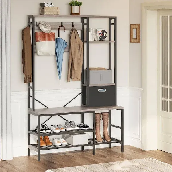 Shintenchi Hall Tree with Bench Shoe Storage and Removable Coat Hooks Modern Coat Rack 5 in 1 Large Organizer Storage