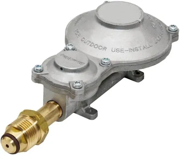 Flame King 300,000 BTU Horizontal Mounted 2-Stage Propane LP Regulator with POL for RVs, Vans, Trailers, Campers, 100LB Tanks, ASME Tanks, Generators