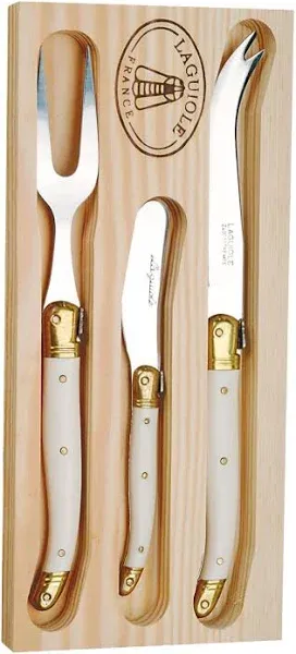 Jean Dubost Laguiole 3-Piece Cheese Set, Ivory Handles - Rust-Resistant Stainless Steel - Includes Wooden Tray - Made in France