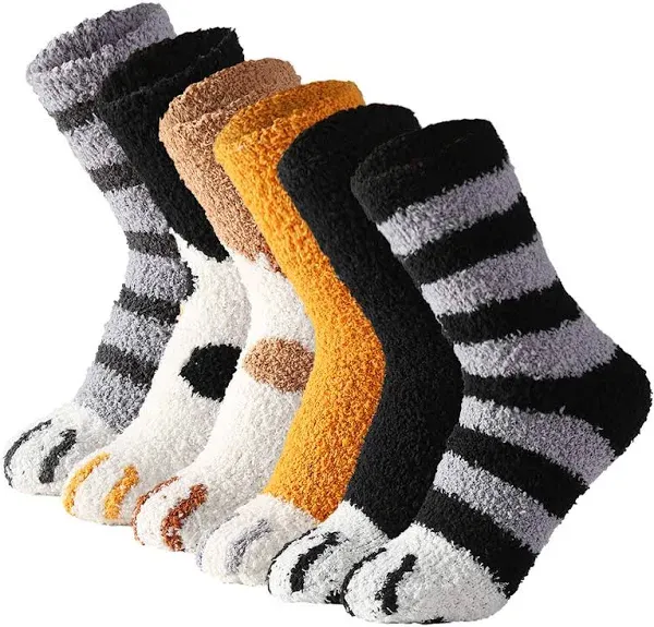 Tosewever 6 Pairs Cute Cat Paw Socks Women Winter Fuzzy Cozy Plush Slipper Socks