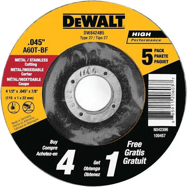 Dewalt Metal Cutting Wheel, 4.5 x .045 x 7/8-In., 5-Pack -DW8424B5