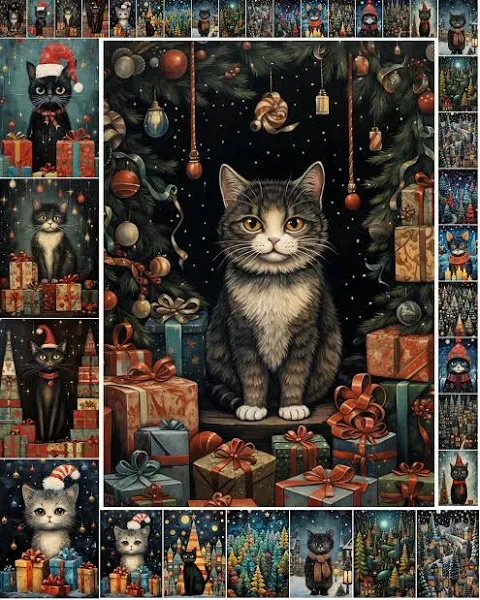 FLONZ Decoupage Paper Pack Cute Christmas Cats in Wintery Forest Villages