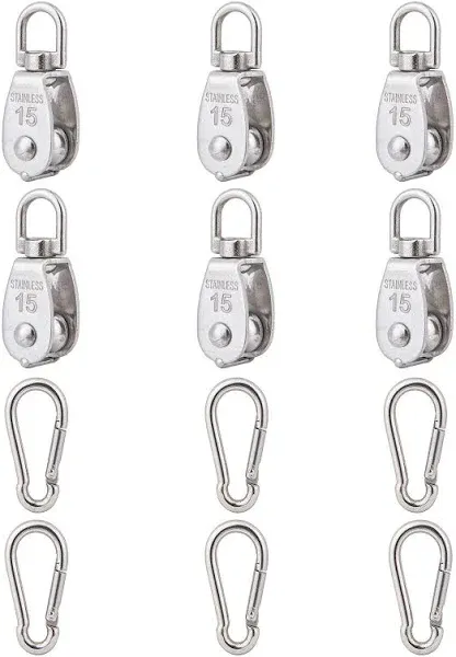 10Pcs 304 Stainless Steel M15 Single Pulley Block, Wire Rope Hanging Wire Towing Wheel, with 10Pcs Spring Snap Hook