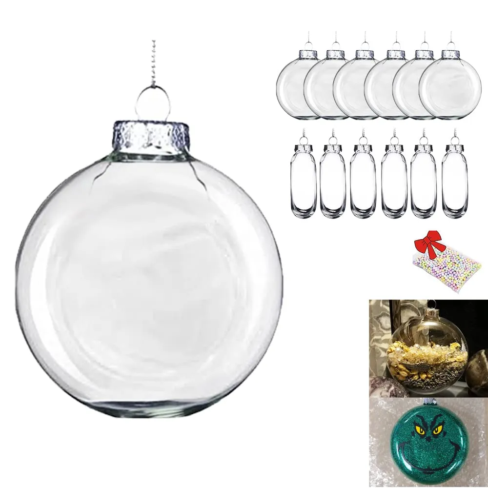 Set of 12,80mm(3-1/8 inches) Flat Round Paintable Clear Glass Christmas Bulbs Ornaments for Crafts Fillable,Oval Diy Empty Glass Disc Decorations Ball to Paint for Crafting