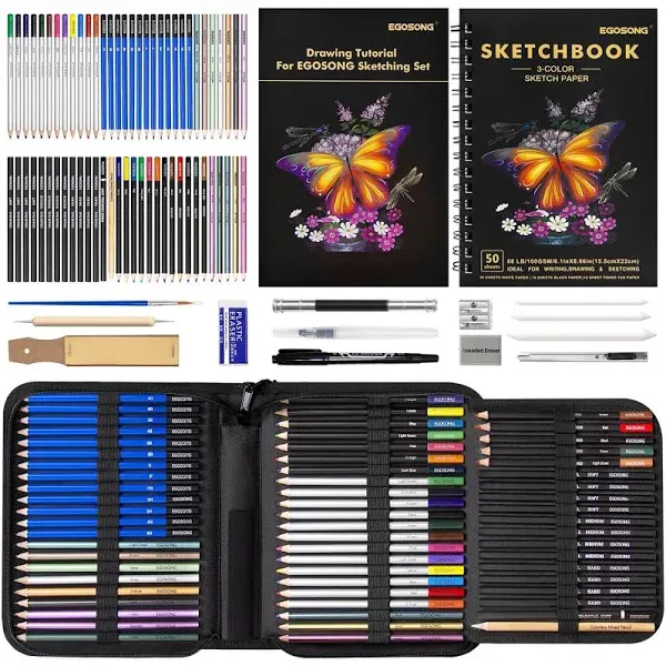 EGOSONG 73 Drawing set Sketching kit，Pro Art Sketch Supplies with 3-Color Sketchbook，Tutorial，Graphite，Colored，Charcoal，Watercolor，Metallic pencils for Artists Adults Teens Beginners