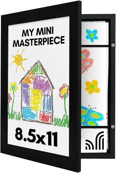 Americanflat 8.5x11 Kids Art Frame - Front Loading Picture Frame - Hanging Hardware and Built-in Easel Included for Wall and Tabletop Display - My Mini Masterpiece - Holds 100 Artworks - Black