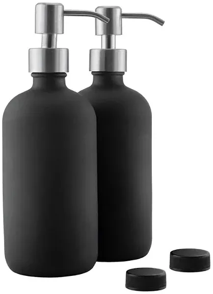 Cornucopia Brands 16oz Black Coated Glass Bottles with Stainless Steel Pumps (2-Pack)