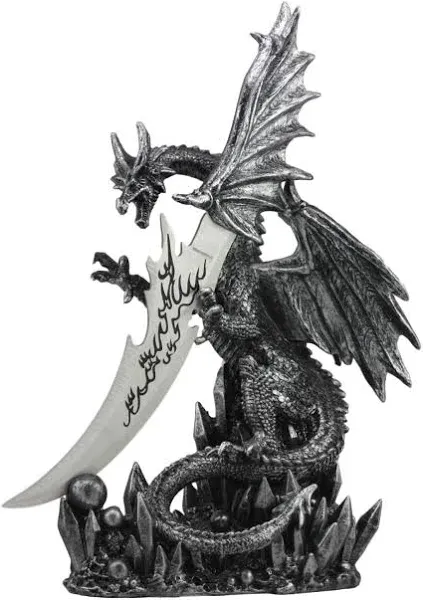 Large Dreamwork Fantasy Obsidian Dragon Statue With Fire Dagger Letter Opener