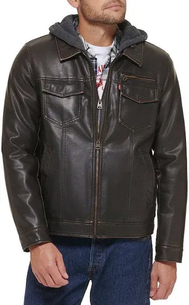 Levi's Men's Faux Leather Hooded Trucker Jacket with Sherpa Lining