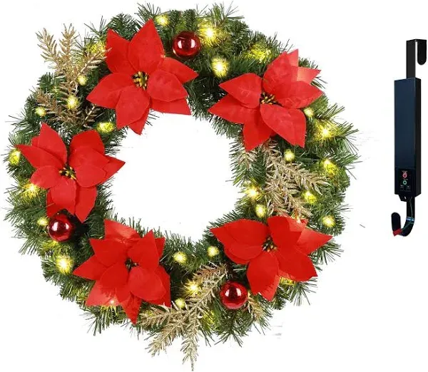 Glowing Petals Solar Christmas Wreath 24 Inches Pre-Lit Solar 50 Led Artificial Lighted Wreath for Front Door Window Home Decor Outdoor Christmas