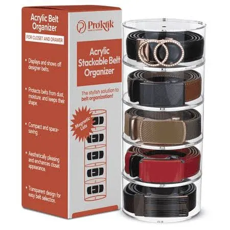 PROKTIK Acrylic Belt Organizer, 5 Layer Belt Holder, Belt Storage, Belt Organizer for Closet, Belt Display for Men and Women's Belts, Belt Organizer for Drawer, Display for Belts, Jewelry, Watch