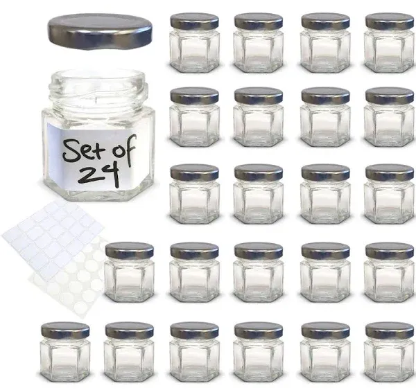 Hexagon Mini Glass Jars with Silver Lids and Labels (Pack of 24)