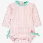 RuffleButts Pink Seersucker Long Sleeve One Piece Rash Guard - 18-24M