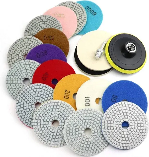 16PCS Wet Dry Diamond Sanding Pads Kit 4 Inch Diamond Polishing Pad 30-6000 Grit with 5/8''-11 Thread Backer Plate for Concrete Marble Quartz Granite Countertop Stone & Tile Polishing(3.9 Inch)