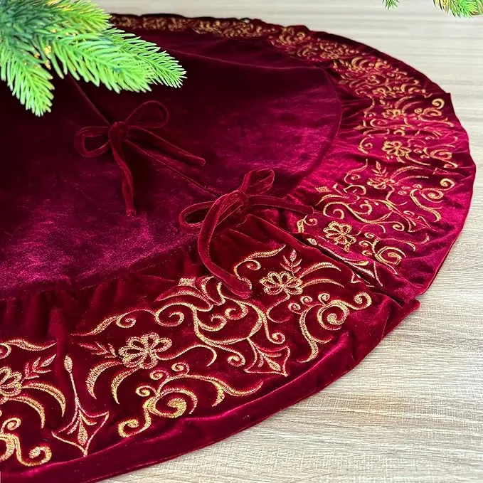 72-Inch Victorian Velvet Christmas Tree Skirt with Gold Damask Embroidery and Plush Lace-Ties, Burgundy