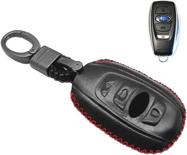 Vitodeco Leather Smart Key Fob Case Cover Compatible with Subaru Forester, Impreza, Outback, WRX, BRZ, XV Crosstrek, Ascent, Solterra 2014 - 2025 (4-Button, Black/Red)