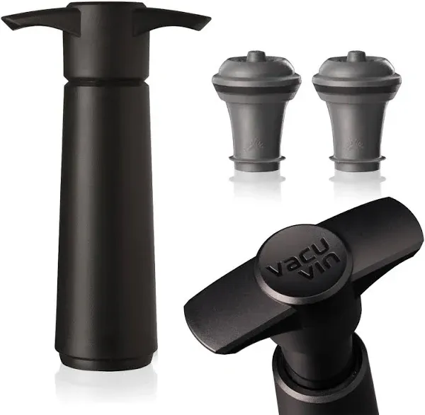 Vacu Vin Wine Saver Pump Black with Vacuum Wine Stopper - Keep Your Wine Fresh for Up to 10 Days - 1 Pump 2 Stoppers - Reusable - Made in The