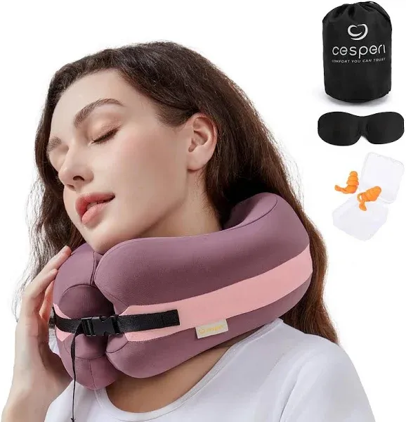 Cesperi Travel Neck Pillow Premium Memory Foam Head Chin Support Adjustable Length for Comfort. Airplane Travel Kit with Contoured Eye Mask