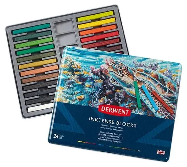 Derwent Inktense Blocks 24 Tin, Set of 24, 8mm Block, Soft Texture, Watersoluble