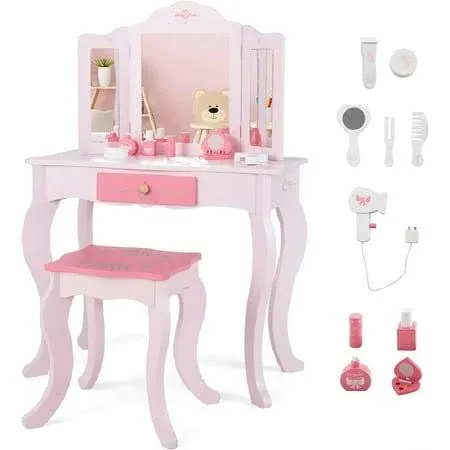 INFANS Kids Vanity 2 in 1 Princess Makeup Desk Set