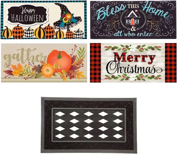 Evergreen Sassafras Bundle - Set of 4 Seasons Interchangeable Entrance Doormats | Indoor and Outdoor |22-in x 10-in doormats and 30-in x 18-in Tray | Non-Slip Backing | Low Profile | Home Décor