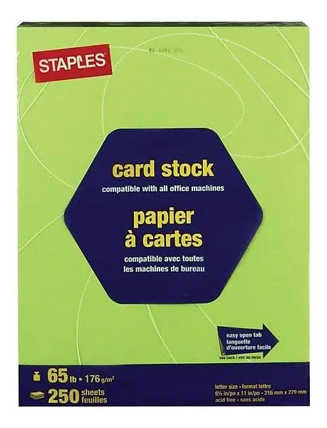 Staples Brights Cardstock Paper 8.5" x 11" Bright Green 250 Sheets/Pack