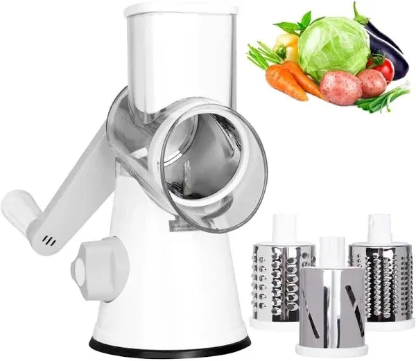 x Home Cheese Grater Rotary Cheese Shredder Grater for Kitchen Cheese Grater with Handle Potato Slicer Vegetable Chopper with Suction Base, White