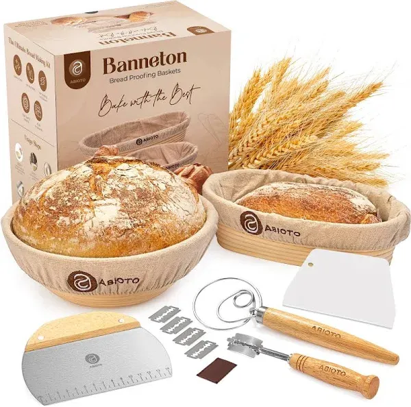 ABIOTO Sourdough Bread Baking Supplies and Proofing Baskets, A Complete Bread Making Kit Including 10" Round & 11" Oval Rattan Bannetons, Bread Lame,