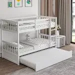 KOMFOTT Twin Over Twin Wood Bunk Bed with Trundle, Convertible Platform Bed Frame with Ladder & Solid Wood Frame, White