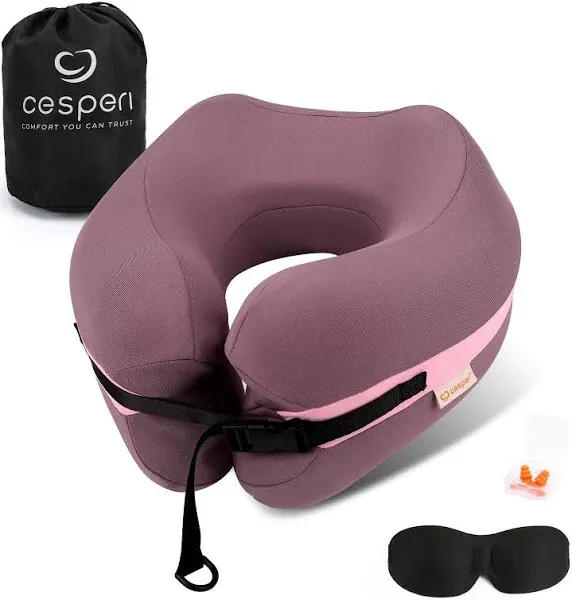 Cesperi Travel Neck Pillow Premium Memory Foam Head Chin Support Adjustable Length for Comfort. Airplane Travel Kit with Contoured Eye Mask