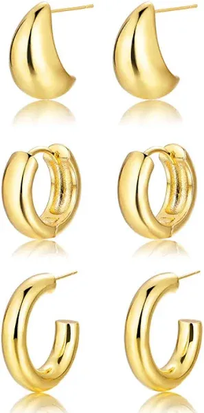 HILXURY Gold Chunky Hoop Earrings Set for Women, 14K Gold Plated Twisted Huggie Hoop Earring Hypoallergenic, Thick Open Hoops Set Lightweight