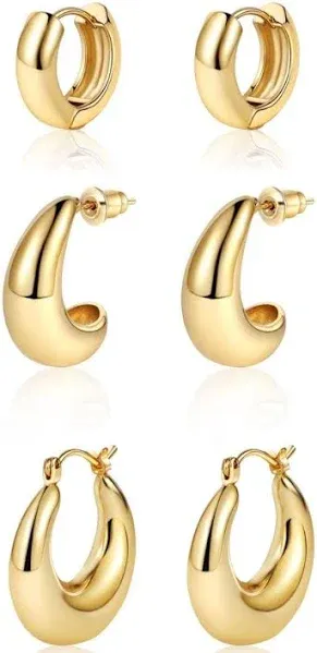 14K Gold Plated Twisted Huggie Hoop Earrings Set