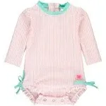 RuffleButts Pink Seersucker Long Sleeve One Piece Rash Guard - 18-24M