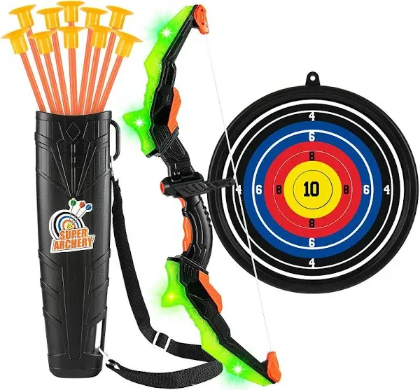 ASMAD Kids Bow and Arrow Set, LED Light Up Archery Toy Set, 10 Suction Cup Arrows, Target & Quiver, Indoor and Outdoor Kids Toys for Children Boys