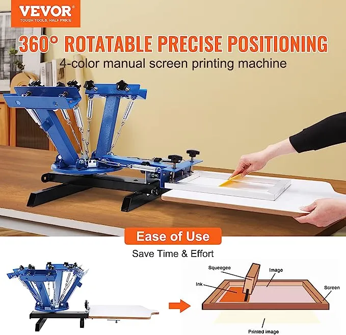 VEVOR Screen Printing Machine, 4 Color 1 Station 360° Rotable Silk Screen Printing Press, 21.2x17.7in / 54x45cm Screen Printing Press, Double-Layer Positioning Pallet for T-Shirt DIY Printing