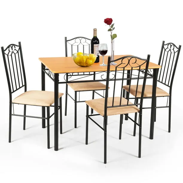 NAFORT 5-Piece Vintage Rectangular Table Set for 4, 4 Padded Chairs w/Metal Frame Wood Tabletop for Home Kitchen Dining Room Furniture Set for 4, Natural