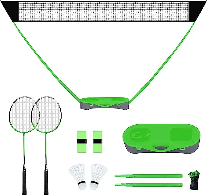 FBSPORT Portable Badminton Net Set with Storage Base, Folding Volleyball Badminton Net with 2 Badminton Rackets 2 Shuttlecocks Griptape 10x5 ft Net, Easy Setup for Beach Backyard Combo Set