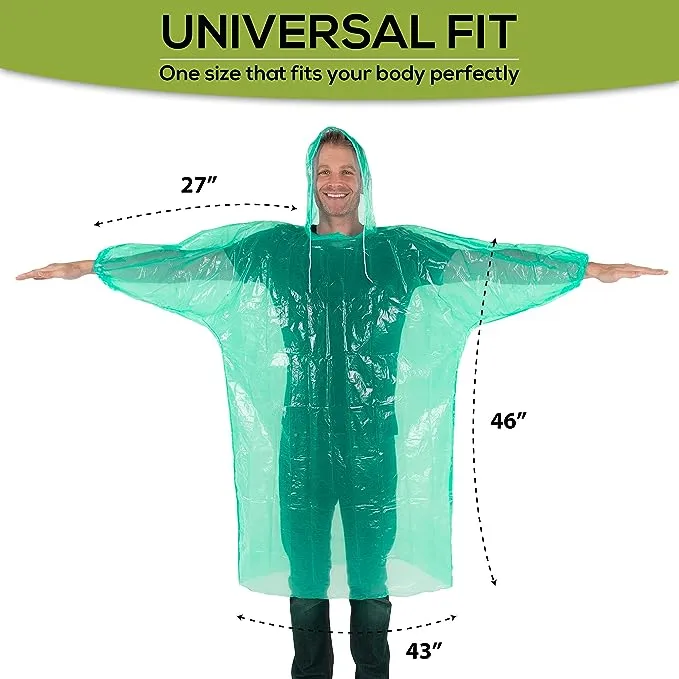 Rain Poncho Bulk Pack Disposable Ponchos Adults Emergency Raincoat Hood Strings Multi Colors