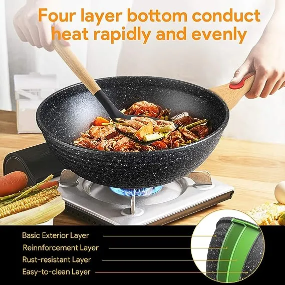 ITSMILLERS Nonstick Wok Aluminium Die-Casting Chinese Wok, Scratch Resistant with ...