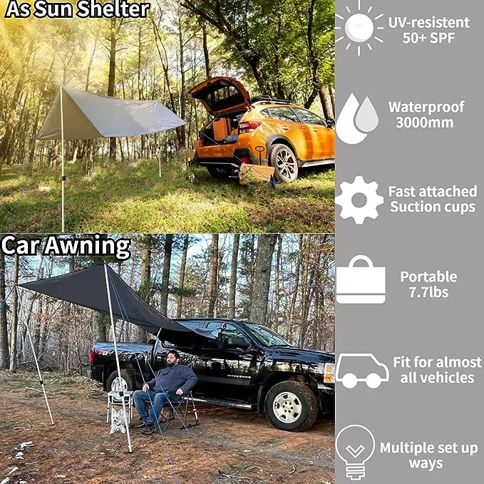 DANCHEL OUTDOOR Portable Car Awning Need not Roof Rack, Removable Suction Cups Camper Vehicle Awning Tarp Overlanding Truck SUV Camping (Gray,6.5ftx9.8ft)