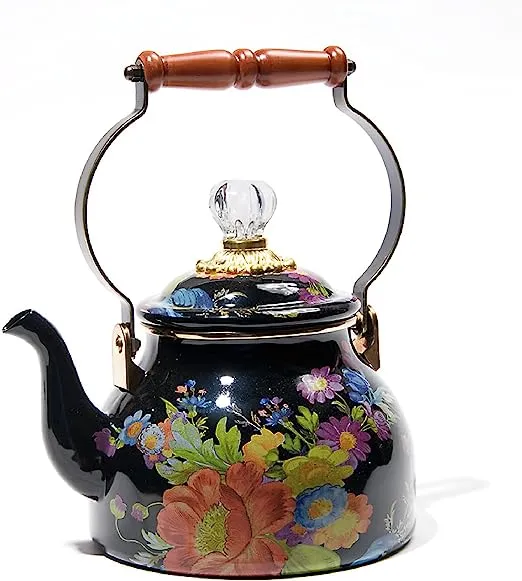 MacKenzie-Childs Black Flower Market 2 Quart Tea Kettle