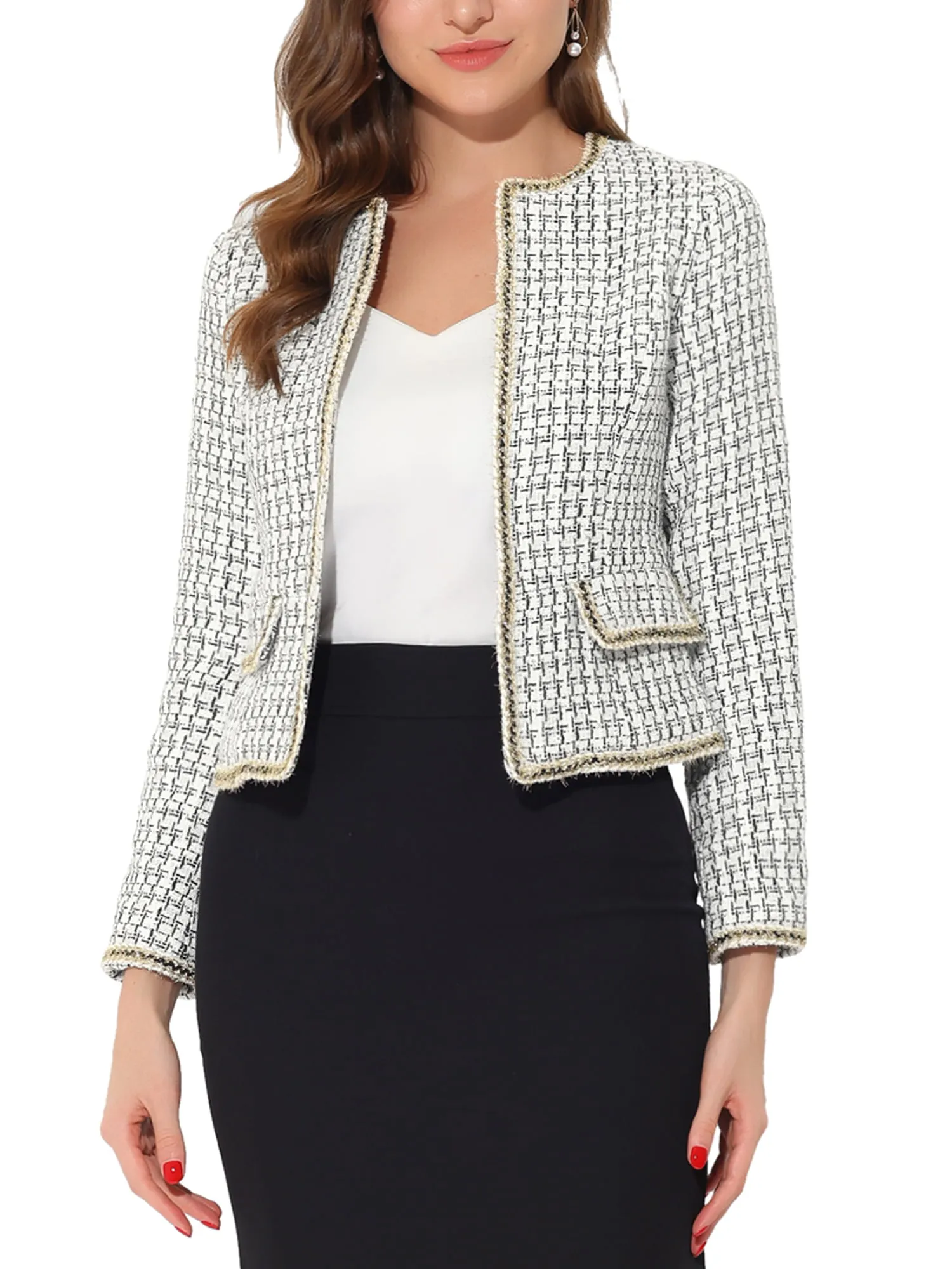 Unique Bargains Women's Plaid Tweed Blazer Long Sleeve Open Front Work Jacket