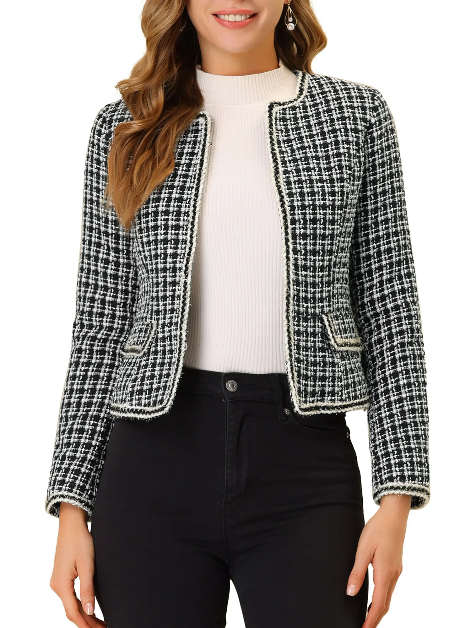 Unique Bargains Women's Plaid Tweed Blazer Long Sleeve Open Front Work Jacket