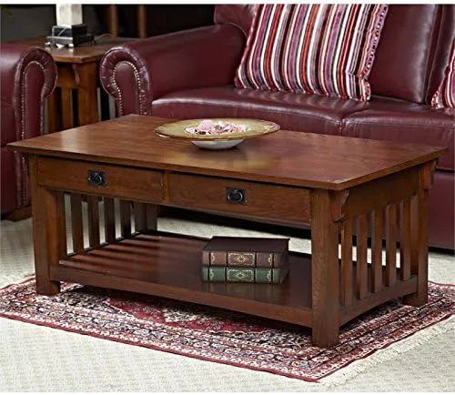 Mission Impeccable 48 in. L x 24 in. D Medium Oak Rectangle Wood Coffee Table with 2 Drawers and Shelf